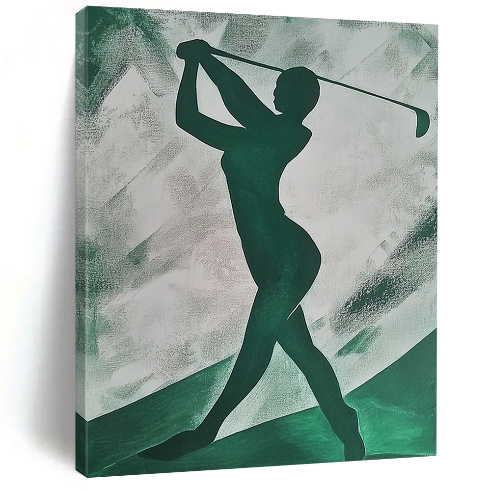 Contemporary abstract painting featuring an emerald green silhouette of a woman playing golf on textured paper with simple shapes. DLZ1406