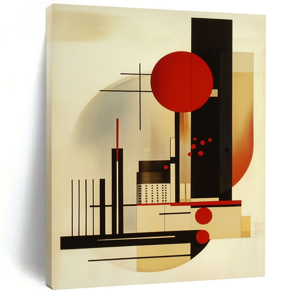 Contemporary hand-painted abstract art featuring geometric shapes primary colors black lines and red dots balanced composition with an abstract cityscape and figures. DLZ1419
