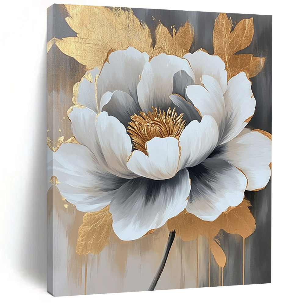 Contemporary hand-painted abstract artwork featuring a peony in gray and white with striking gold accents, perfect for modern decor. DLZ0782