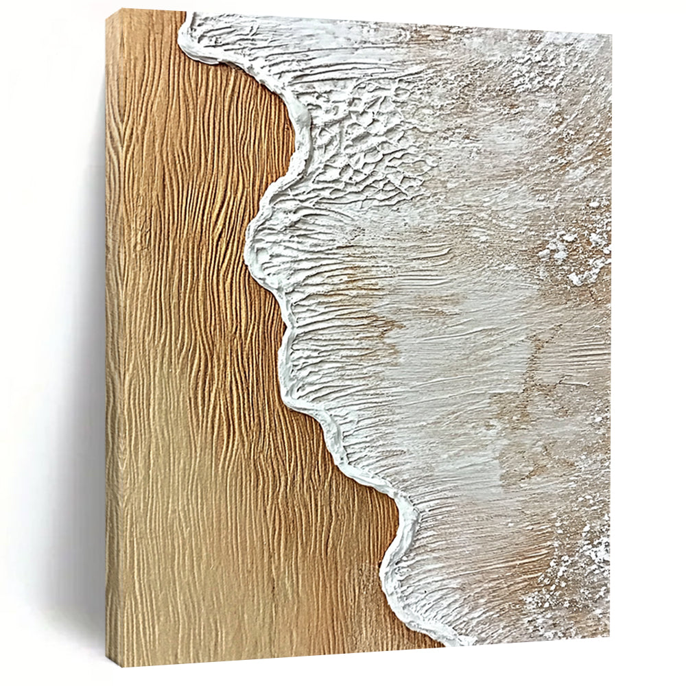 Contemporary hand-painted abstract artwork featuring textured sand and wood with ocean wave edge in white, capturing the essence of sea foam. DLZ1206