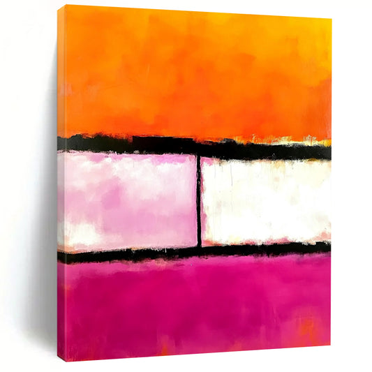 Contemporary hand-painted abstract art featuring pink orange and white hues with two striking black lines in the center. DLZ1441
