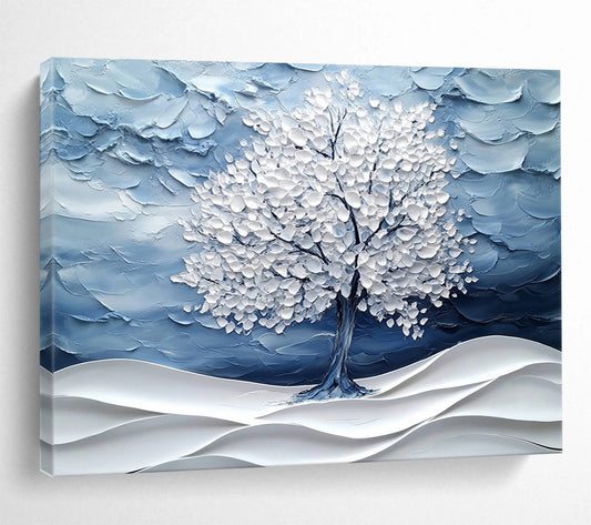 Blue and White Textured Tree "Winter Whisper" Painting On Canvas HB0423