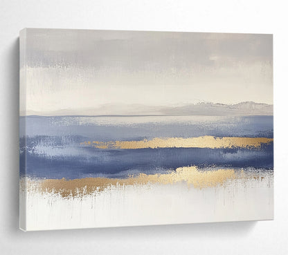 “Gray - Blue Abstract Horizon with Gold Accents” - Gray, Blue, Gold, Subtle Horizon Lines Painting On Canvas HB0853