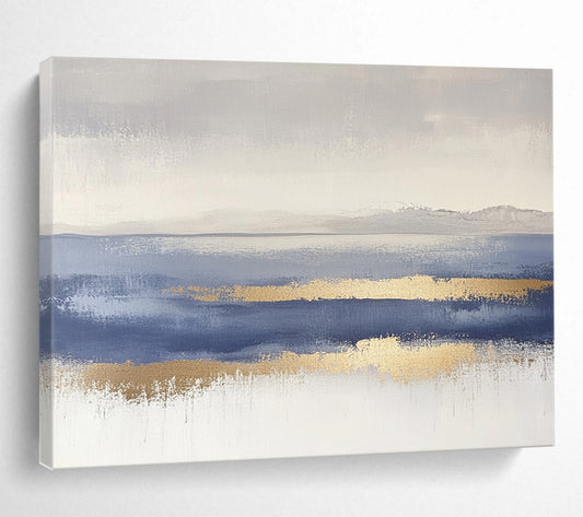 “Gray - Blue Abstract Horizon with Gold Accents” - Gray, Blue, Gold, Subtle Horizon Lines Painting On Canvas HB0853
