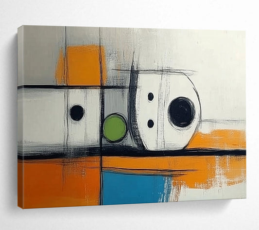 Black, White, Orange, Green and Blue Geometric Abstract "Minimalist Machinery" Painting On Canvas HB0416