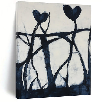 Contemporary hand-painted abstract artwork featuring dynamic black shapes, intricate patterns, and bold hearts against a pure white background. DLZ1398