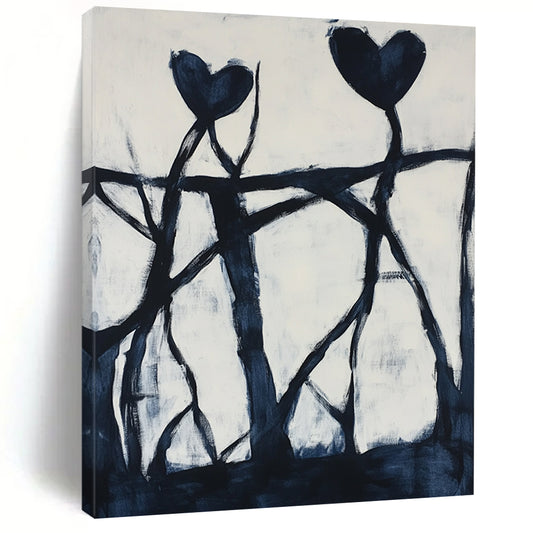 Contemporary hand-painted abstract artwork featuring dynamic black shapes, intricate patterns, and bold hearts against a pure white background. DLZ1398
