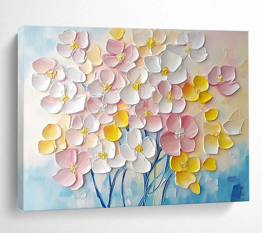 “3D Floral Burst” - Soft pinks, whites, yellows, blues; Textured, raised flower blooms; Impasto Floral Painting On Canvas HB1156