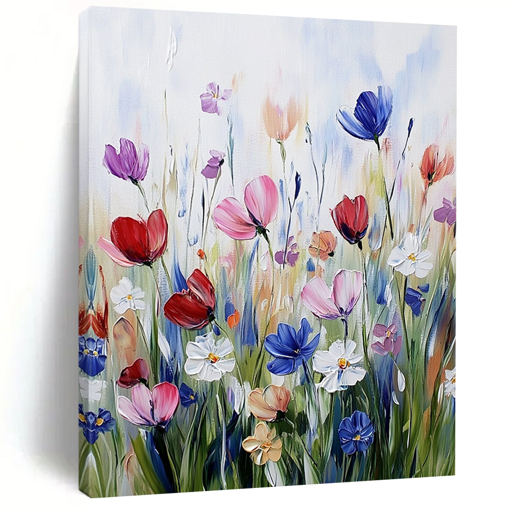 Contemporary hand-painted abstract artwork featuring vibrant wildflowers in soft brushstrokes, showcasing a harmonious color scheme on textured paper. DLZ1496