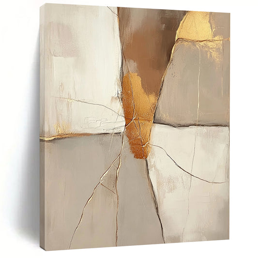 Contemporary hand-painted abstract artwork featuring a beige background with golden cracks and neutral tones in brown and gold. DLZ0290