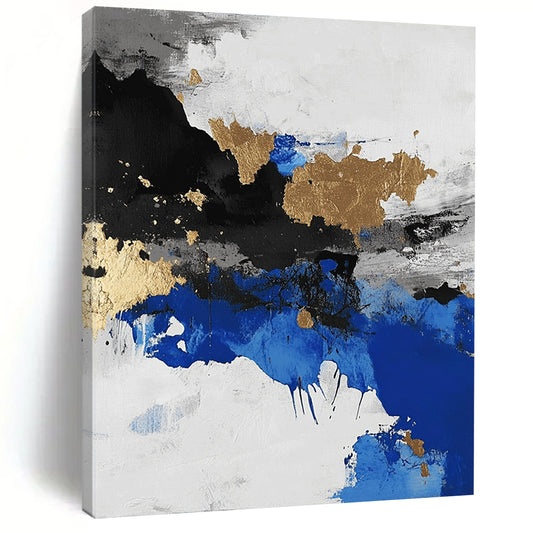 Contemporary abstract artwork showcasing an aerial view of an arctic landscape in black and white with blue accents and gold leaf highlights. DLZ0572