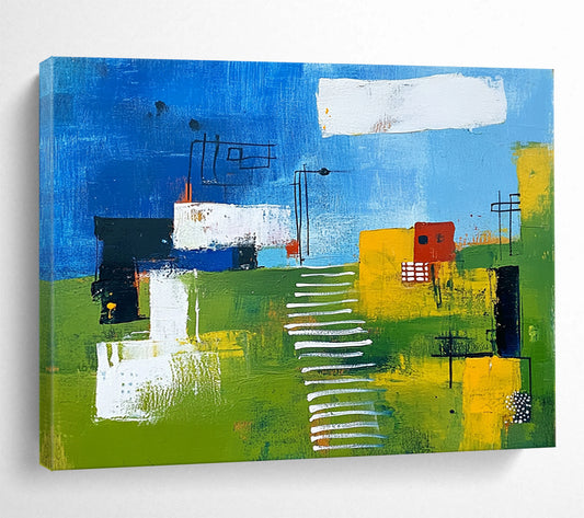 “Colorful Landscape Abstract” - Blue, Green, Yellow, White, Abstract Landscape - Painting On Canvas HB1415