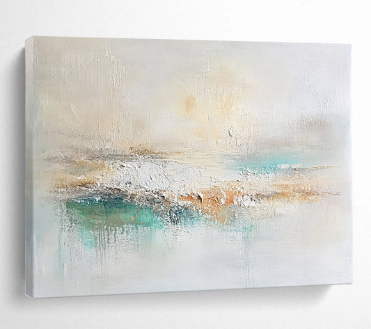 “Soft Neutral Abstract Landscape” - Beige, White, Teal, Gentle Textured Painting On Canvas HB1004