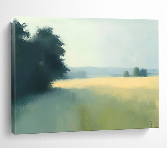 “Misty Field Landscape” - Green, yellow, blue, soft focus, Impressionist Landscape Painting HB0620
