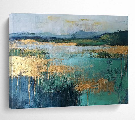 “Gold - Accented Lake Scene” - Blue, Green, Gold, Abstract Lake Landscape Painting On Canvas HB0990