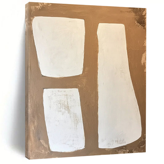 Contemporary large-scale abstract painting features soft edges with a minimalist style in brown and white tones showcasing visible brush strokes on wood panel. DLZ1749