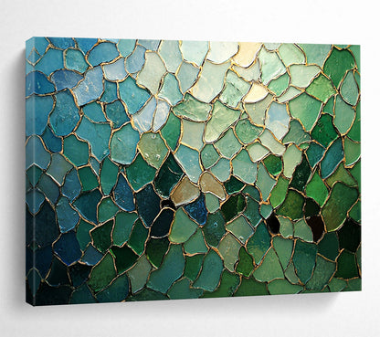“Blue - Green Mosaic with Gold Lines” - Blue, Green, Gold, Irregular Mosaic Pieces - Mosaic Art HB1676