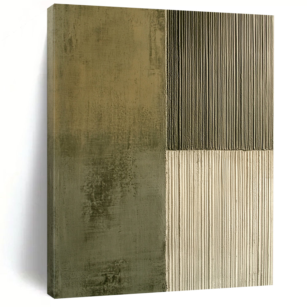 Contemporary hand-painted abstract artwork featuring contrasting smooth concrete and textured olive green lines, enhancing visual depth and intrigue. DLZ1490