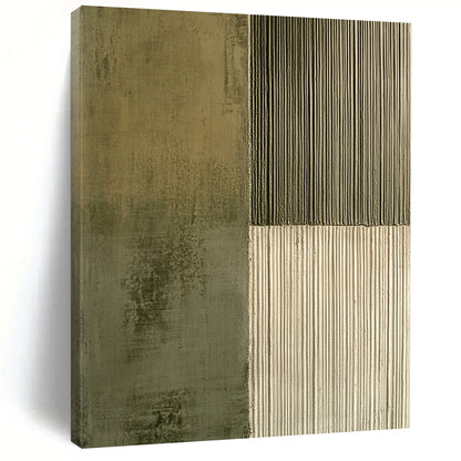 Contemporary hand-painted abstract artwork featuring contrasting smooth concrete and textured olive green lines, enhancing visual depth and intrigue. DLZ1490