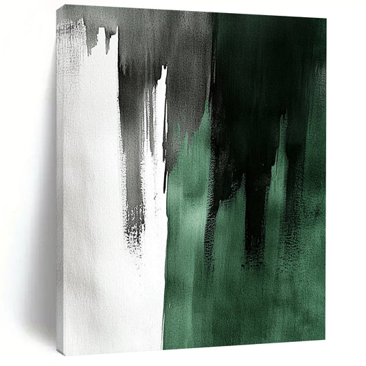 Large contemporary hand-painted abstract artwork featuring emerald green and gray with elegant brushstrokes creating a striking light and shadow contrast. DLZ1736