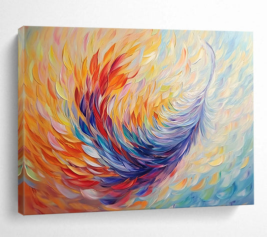 “Colorful Feather - like Abstract” - Yellow, Orange, Red, Blue, Purple with Feather Shapes - Painting On Canvas HB1395