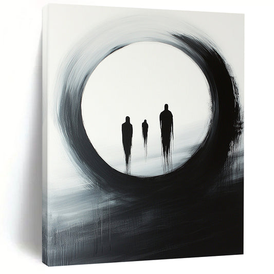 Black, White, Gray, Silhouetted Figures "Gilded Void" Abstract Surrealist Painting On Canvas HB145
