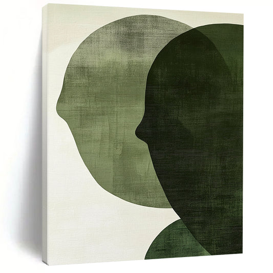 Contemporary abstract art features large forest green shapes on an off-white textured background, creating faces that symbolize connection and balance. DLZ1364