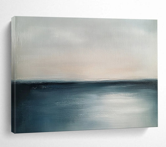 “Serene Horizon” - Soft Gray and Deep Blue, Calm Sea and Sky Painting On Canvas HB0906