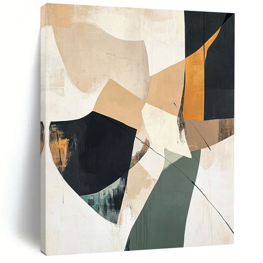 Large contemporary abstract painting featuring beige black and green shapes on a white background with minimalistic collage-like elements and soft atmospheric effects. DLZ1039