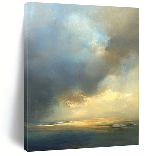 Contemporary abstract oil painting featuring an expansive sky in muted beige and blue tones with soft edges and atmospheric clouds. DLZ0888