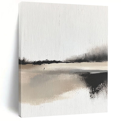 Contemporary abstract painting showcases impasto technique with bold brush strokes depicting a serene landscape and body of water in neutral tones. DLZ1349