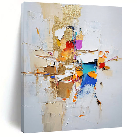 Contemporary large abstract painting featuring gold leaf and textured strokes in neutral tones with vibrant accents on a white background. DLZ0744