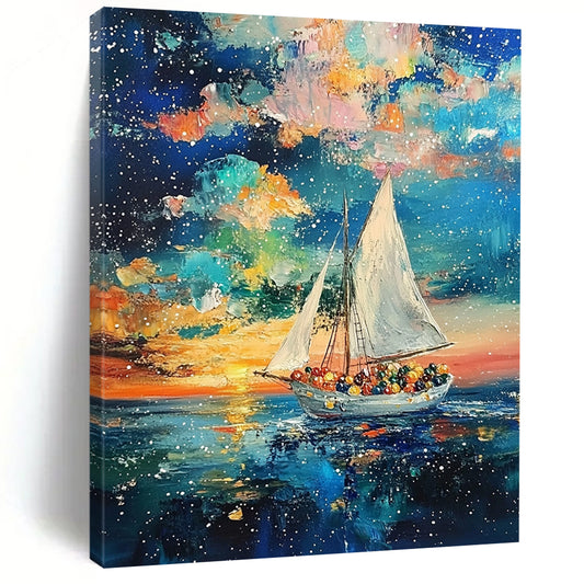 Contemporary abstract painting featuring a sailboat at sunset with vibrant fruits and vegetables against a starry ocean background in rich colors. DLZ1709