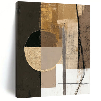 Contemporary hand-painted abstract artwork featuring earthy tones with textures, large circle, and small white square for tranquil harmony. DLZ0853