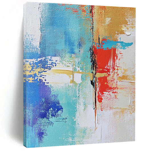 Contemporary hand-painted abstract art showcasing urban landscapes with textured brush strokes in soft neutrals and vibrant blue and red highlights DLZ0511