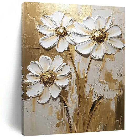 Contemporary hand-painted abstract art featuring white daisy flowers with gold accents on a textured background, perfect for modern decor. DLZ0820