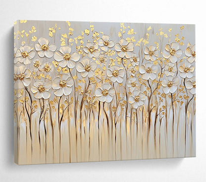 “Gold - Accented White Flowers” - White, Gold, Beige, Textured White Flowers with Gold Details - Impasto Oil Painting HB1781