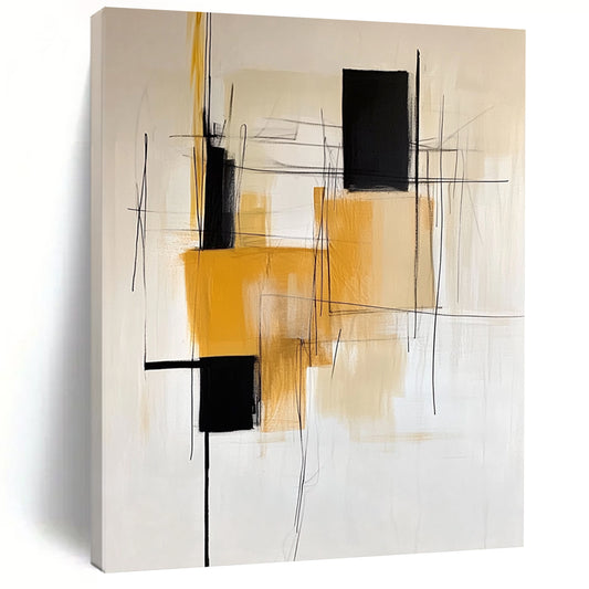 Contemporary abstract painting featuring a white background with minimalistic black yellow orange and beige lines and a single square shape on the left. DLZ1023