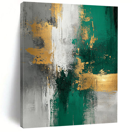 Large contemporary abstract painting featuring gold foil texture emerald green and white tones on light gray background with elegant composition and soft lighting. DLZ0273