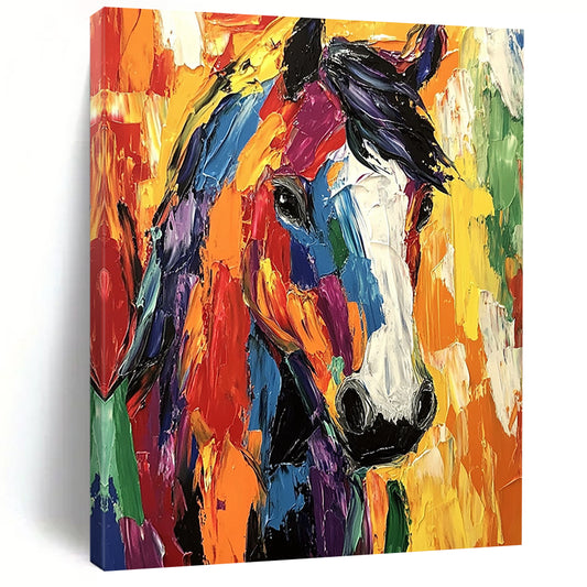 Contemporary abstract art features a colorful horse, created with palette knife techniques in vibrant acrylics, perfect for modern decor. DLZ0615
