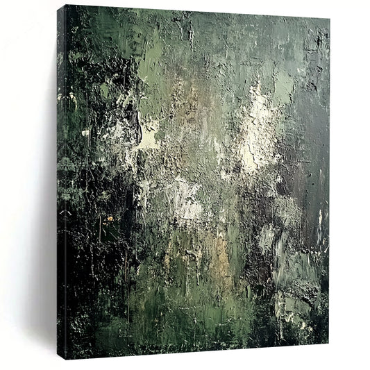 Contemporary hand-painted abstract artwork featuring a textured mossy green wall with peeling paint and a contrasting dark gray background. DLZ0582