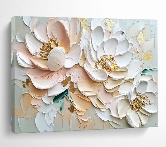 Blush and White Flowers with Gold Accents - Textured Floral Luxury Painting On Canvas HB0429