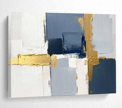 “Blue and Gold Geometric Abstract” - Blue, gray, white, gold; Geometric abstract with gold accents; Acrylic Painting On Canvas HB1252