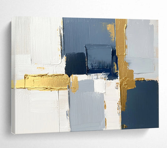 “Blue and Gold Geometric Abstract” - Blue, gray, white, gold; Geometric abstract with gold accents; Acrylic Painting On Canvas HB1252