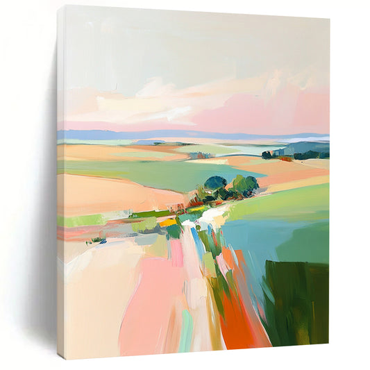 Contemporary hand-painted abstract art featuring soft pink skies and vibrant green and blue fields inspired by Robert H and Fairfield Porter. DLZ0408