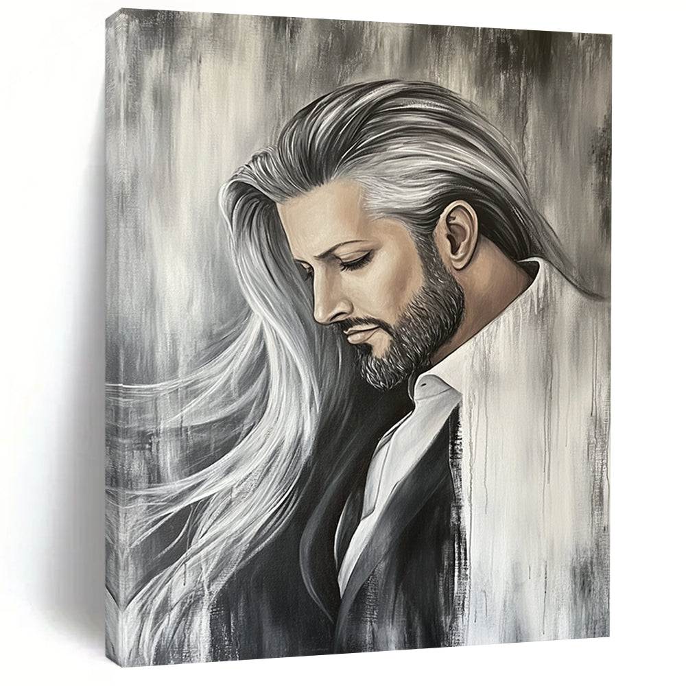 Contemporary hand-painted abstract art featuring a white horse with a flowing mane against a muted grey backdrop, capturing dynamic movement and elegance. DLZ1514