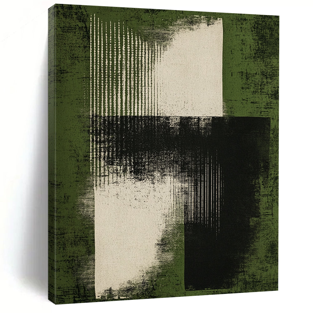 Contemporary abstract art features a minimal black ink brush stroke on a green background evoking mystery and visual harmony with bold gray tones. DLZ1360