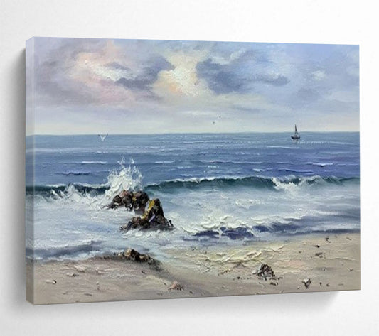 Coastal Wave & Sailboat Oil Painting - Serene Living Room or Office Art DLZ190