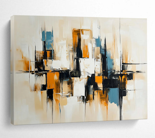 “Neutral Urban Abstraction” - Beige, Black, White, Abstract Minimalist Cityscape Painting On Canvas HB1081