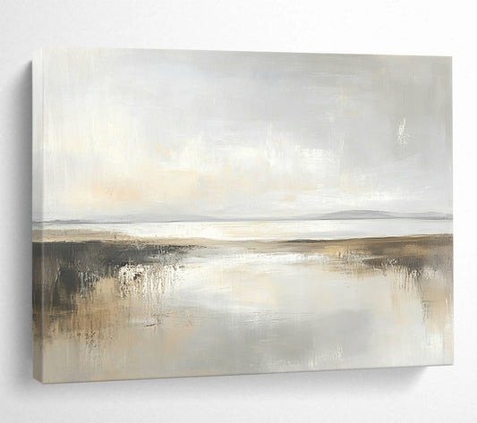 “Soft Gray Coastal Reflection” - Gray, Beige, Subtle Reflections, Minimalist Landscape Painting On Canvas HB0904